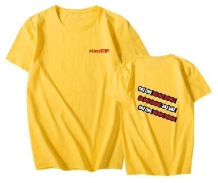 Kpop merch yellow T-shirt with "#LoveSTAY" on the front and slogan design on the back.