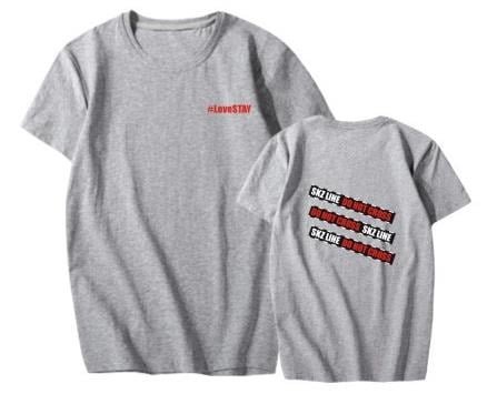 Kpop merch T-shirt with "#LOVESTAY" text on front and bold "SKZ LINE" graphic on back.