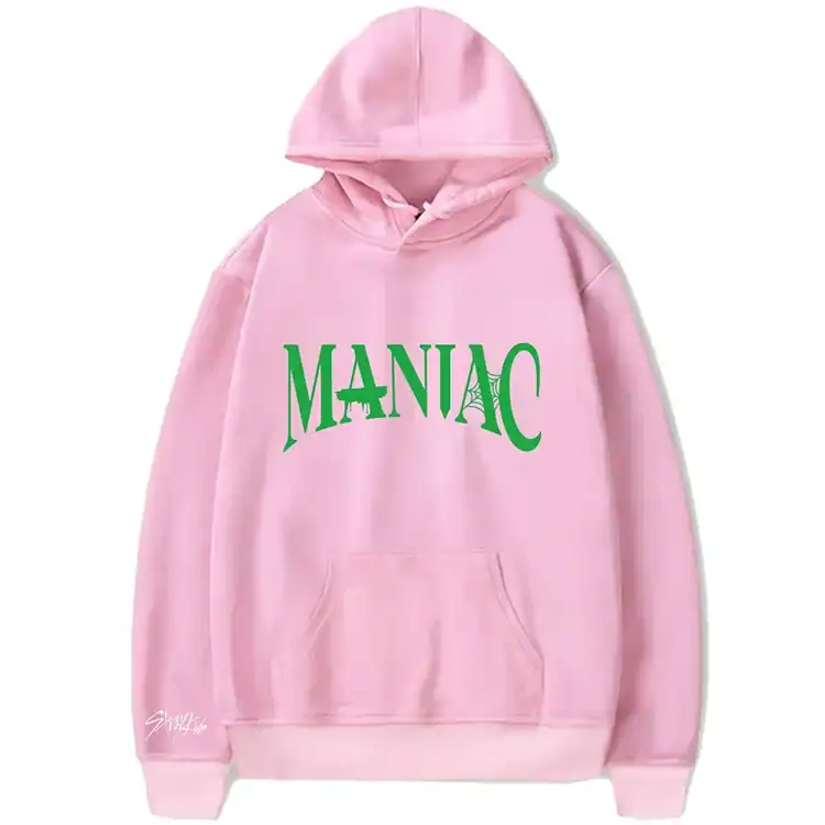 MANIAC hoodie with green text and Eiffel Tower graphic, trendy Kpop merchandise fashion piece.
