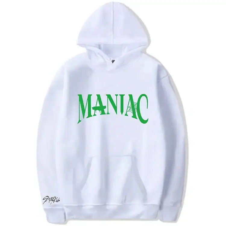 Maniac hoodie with green text and Eiffel Tower graphic, trendy kpop merchandise for fans.