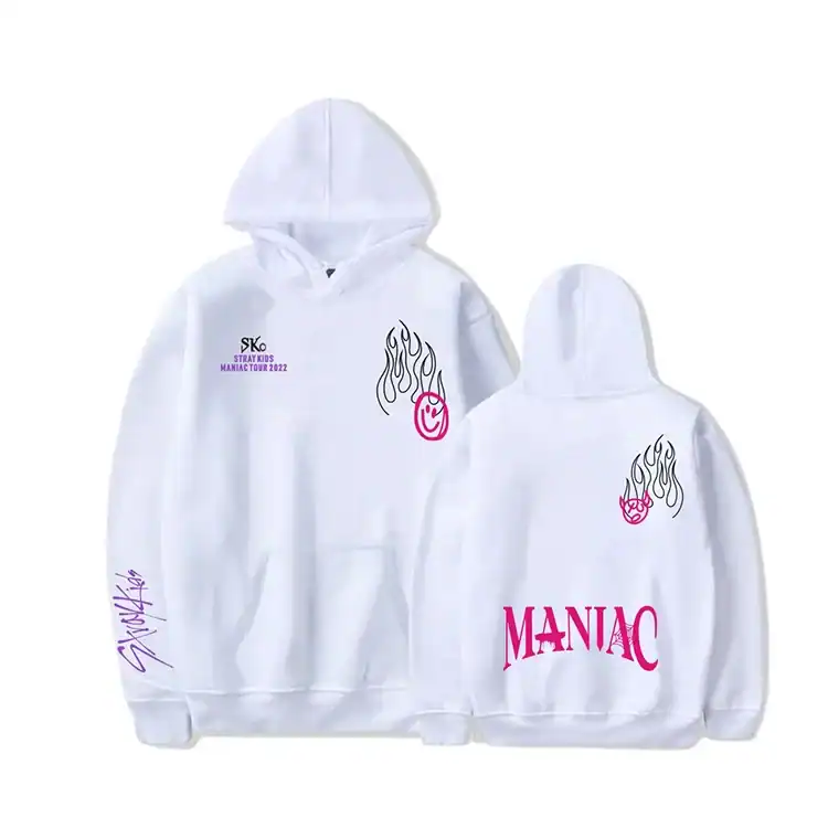 White hoodie with flame and smiley face graphic, MANIAC text, and K-pop merchandise print, perfect for K-pop fans and concert memorabilia, official STRAY KIDS tour hoodie 2022.