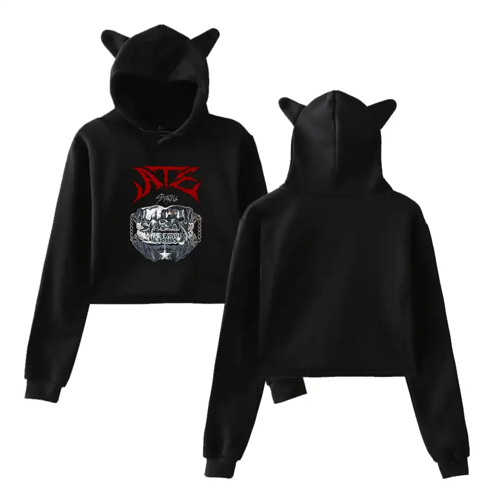 Black hooded sweatshirt with cat ears and bold graphic text design.