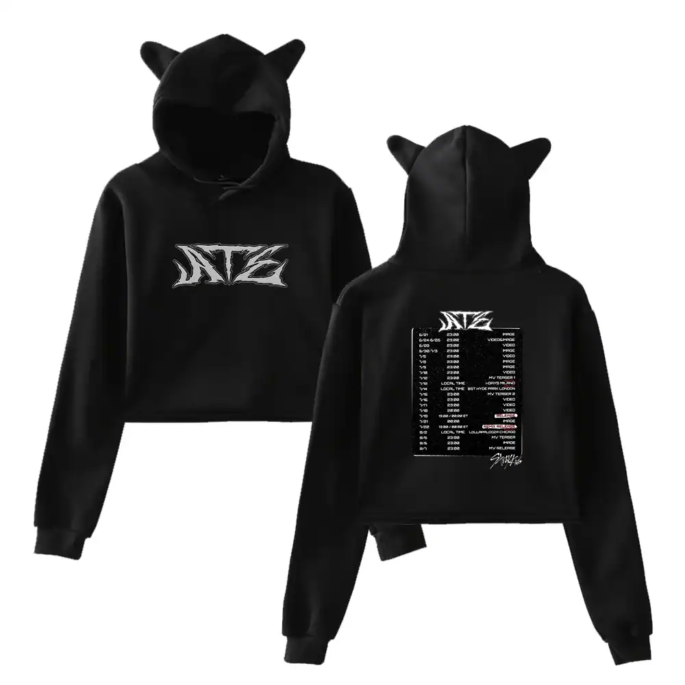 Unique black hoodie with cat-eared hood and graphic print, perfect for K-pop fans.