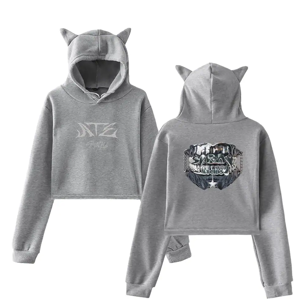 Cute grey hoodie and sweatpants set with cat ear hood, perfect for K-pop fans who love trendy and cozy K-pop merchandise.