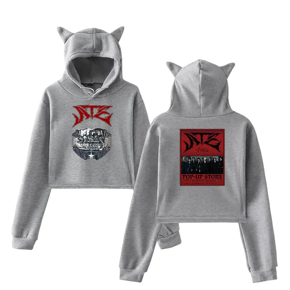 Cool grey hoodie and sweatpants set with cat ear hood, featuring NCT and SuperM pop-up store designs, ideal for K-pop fans looking for stylish merch.