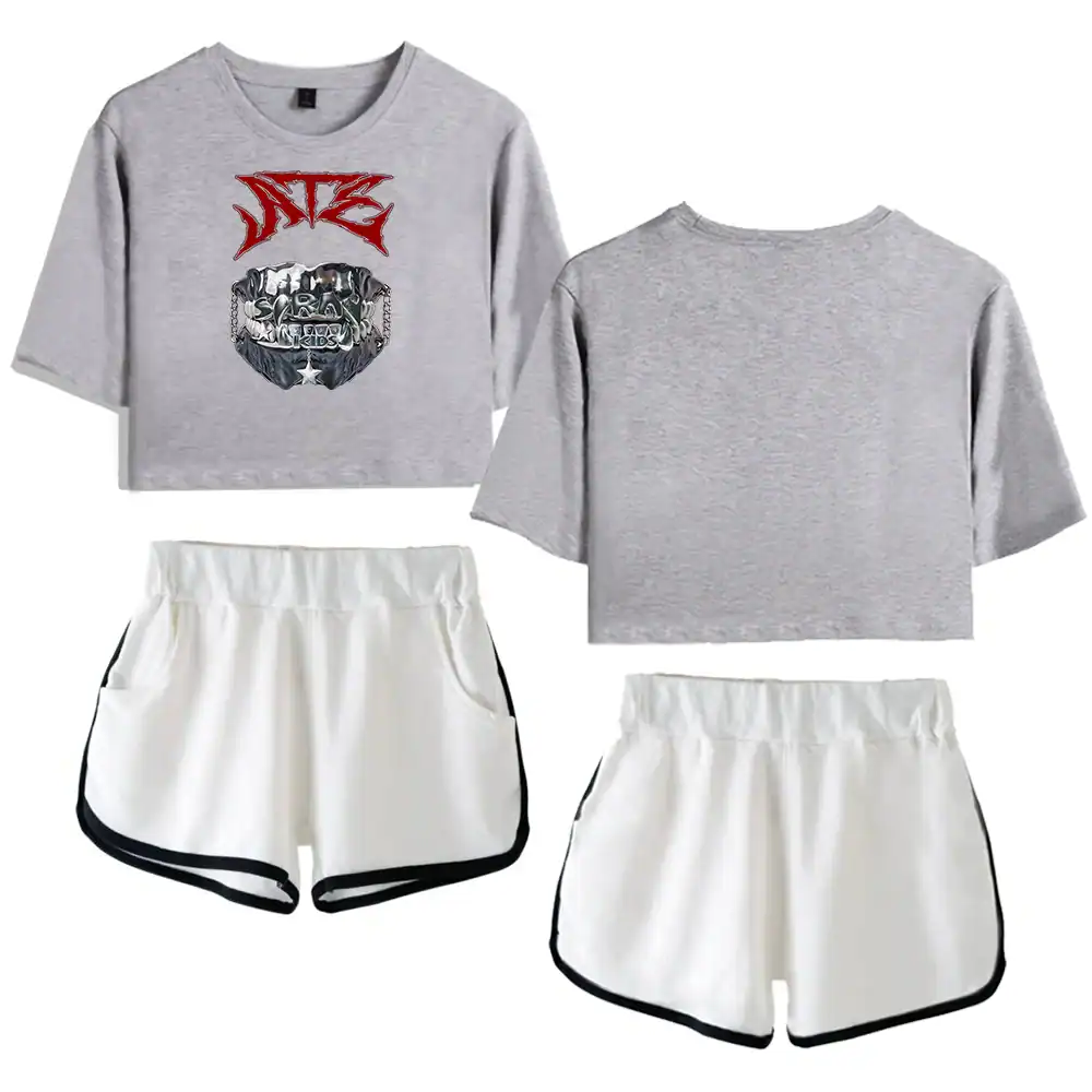 Vintage K-pop merchandise set with graphic cropped sweatshirt and sporty shorts, perfect for fans and casual wear.