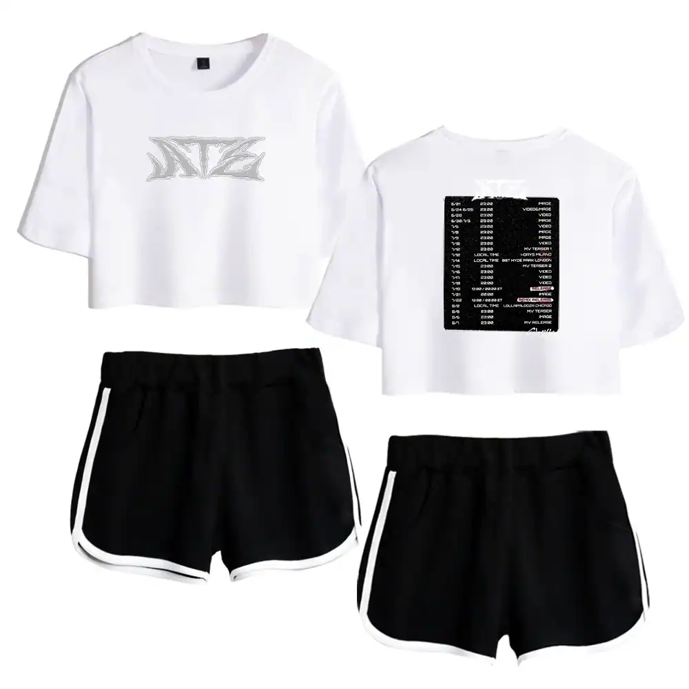 White cropped T-shirt with NCT logo print and black shorts with white trim for Kpop merch fans.