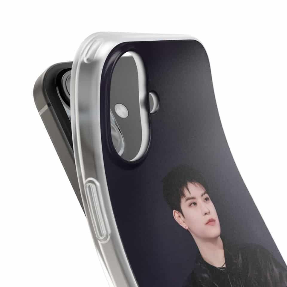 A phone case featuring a K-pop idol's portrait with black background and stylish design.