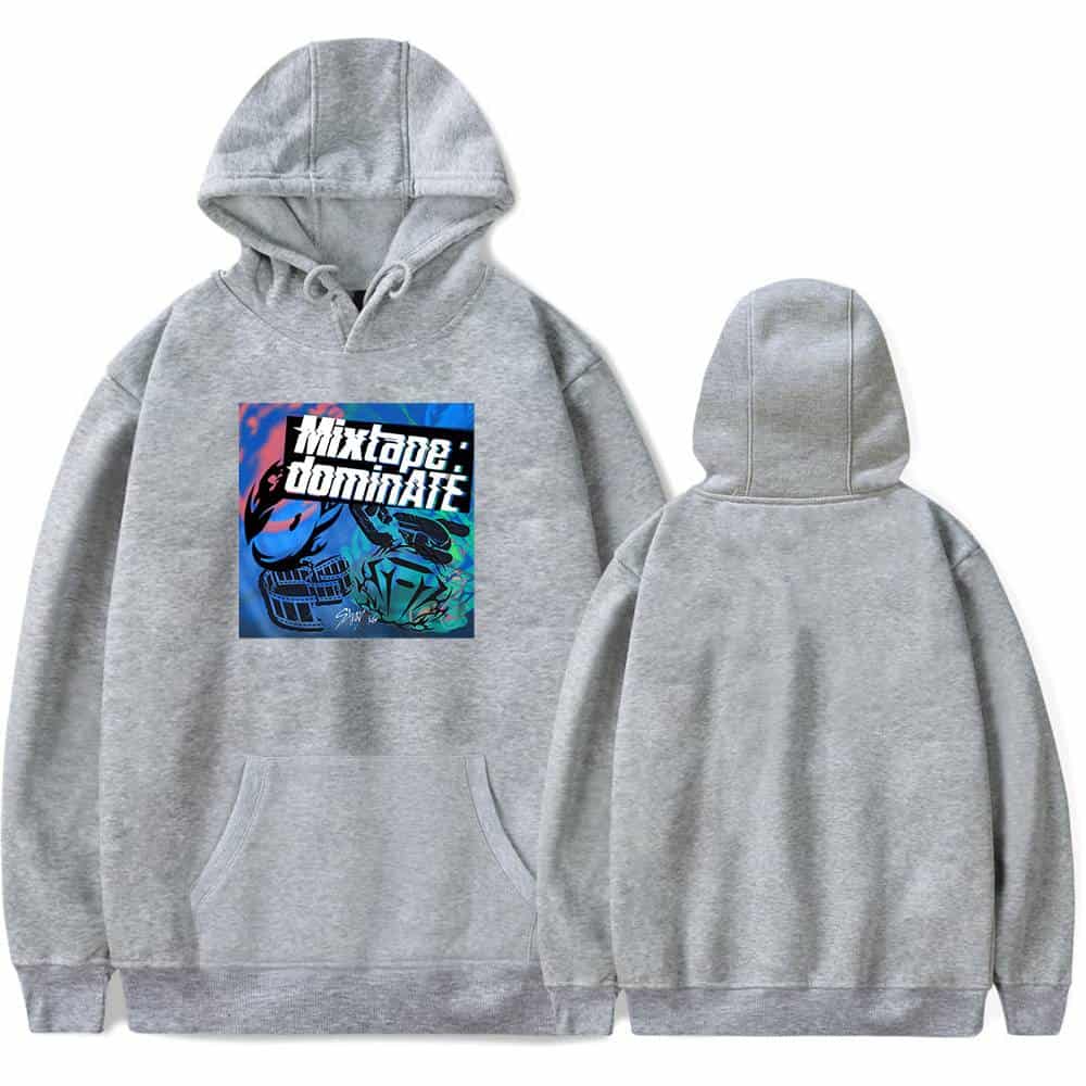 Vintage: ultra-soft grey hoodie with graphic "Mintage: Dominate" print, perfect for K-pop merch fans.