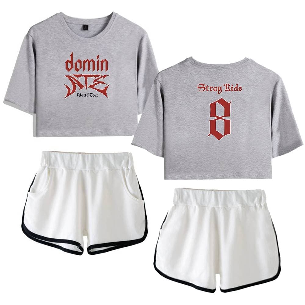 Dongan world tour cropped sweatshirt and shorts set.