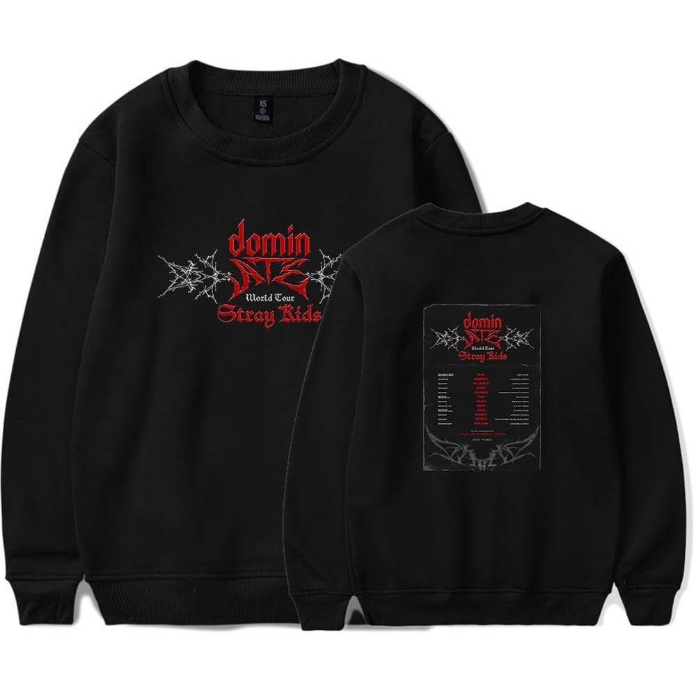 Black Domini NX Stray Kids World Tour sweatshirt with tour details and graphic design.