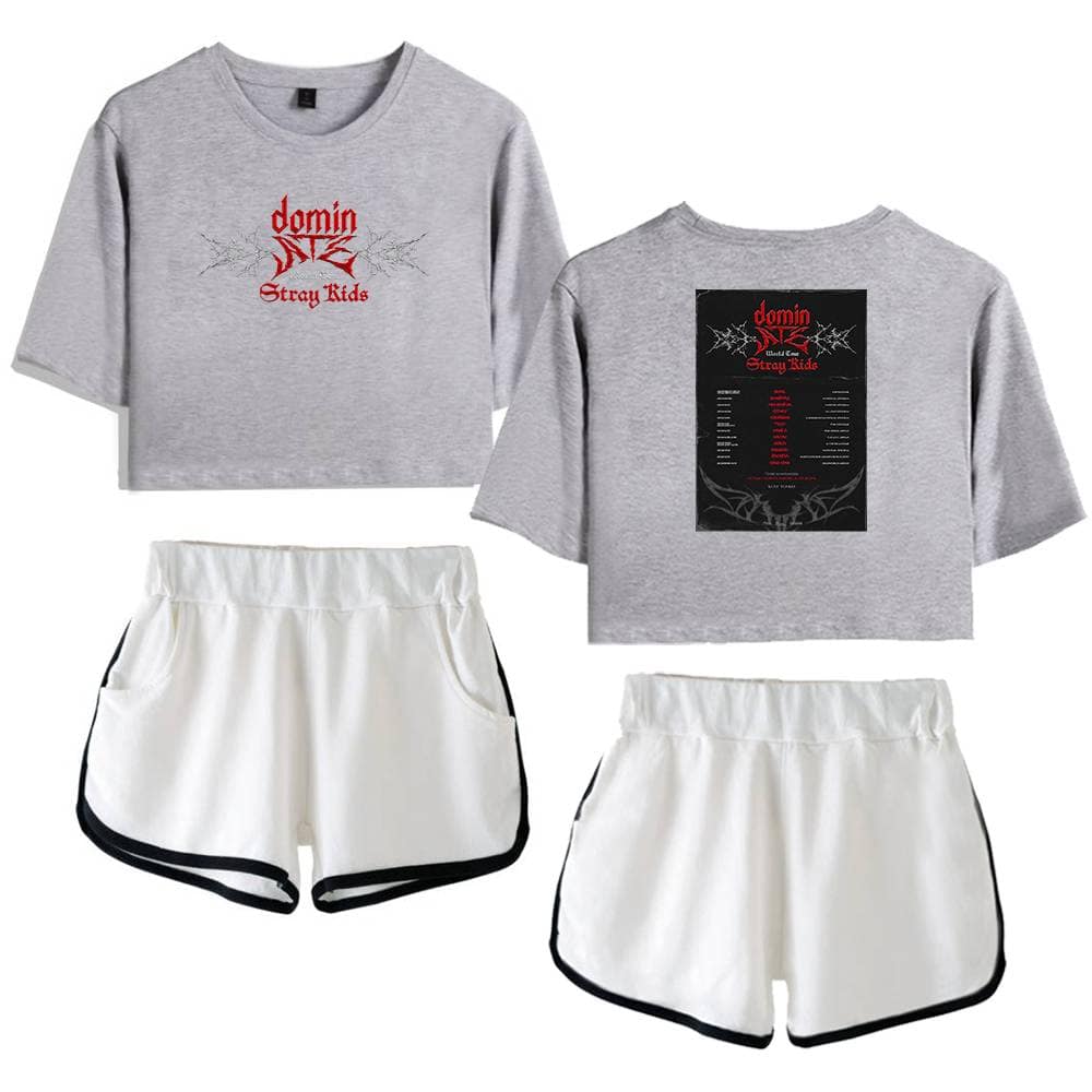 Doman stray kids matching cropped sweatshirt and shorts set.