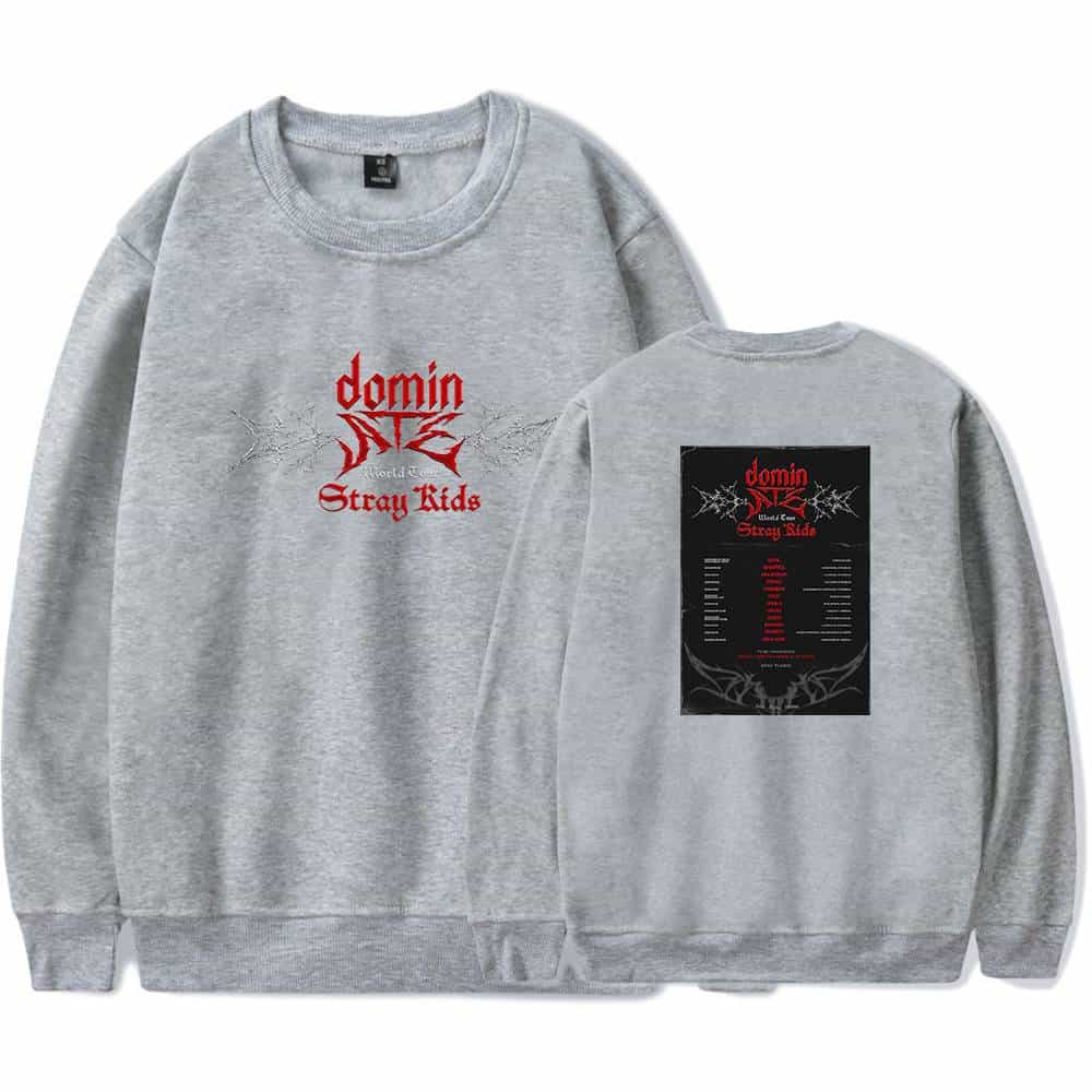 Vintage grey sweatshirt with red and black graphic design, featuring "dom in WORLD Tour Stray Kids" text. Perfect for K-pop fans and concert merch collectors.