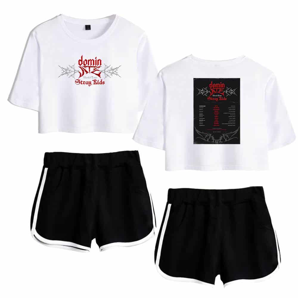 Dormin Stray Kids graphic t-shirt with black and white shorts for K-pop merch.