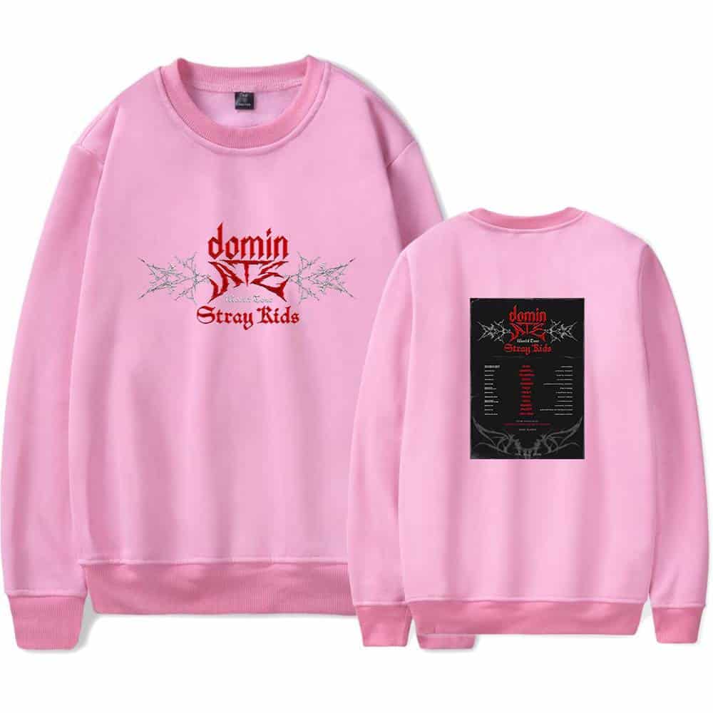 Demon Slayer Stray Kids pink sweatshirt with graphic design and back print.