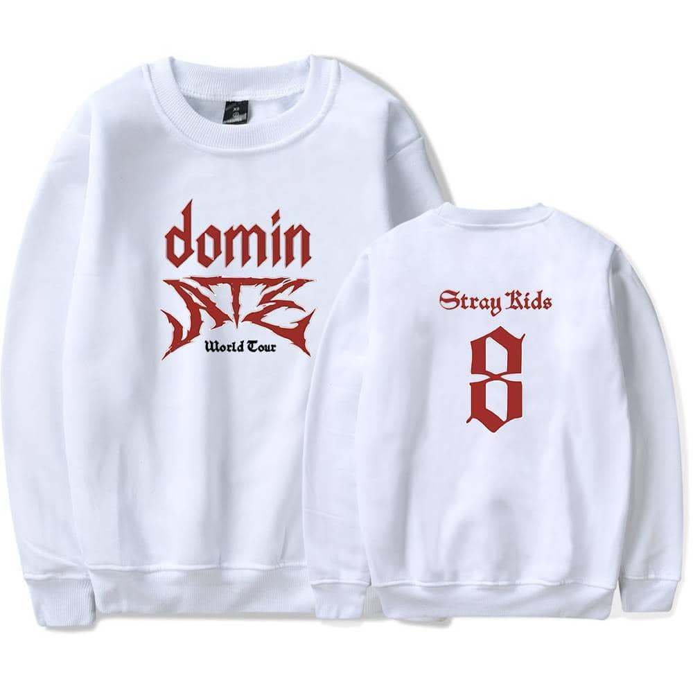 Red and white K-pop concert sweatshirt with "domix" and "Stray Kids" logos.