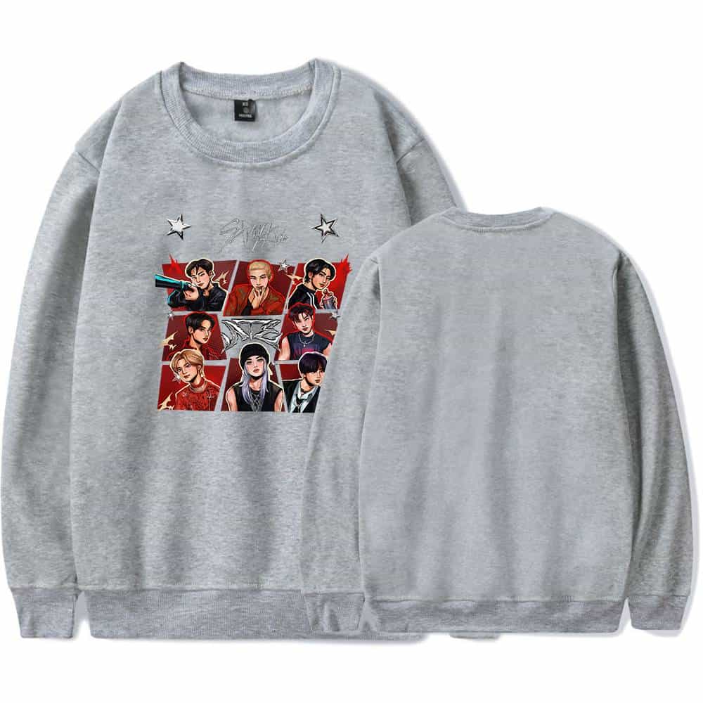 Colorful K-pop group graphic sweatshirt with star accents.