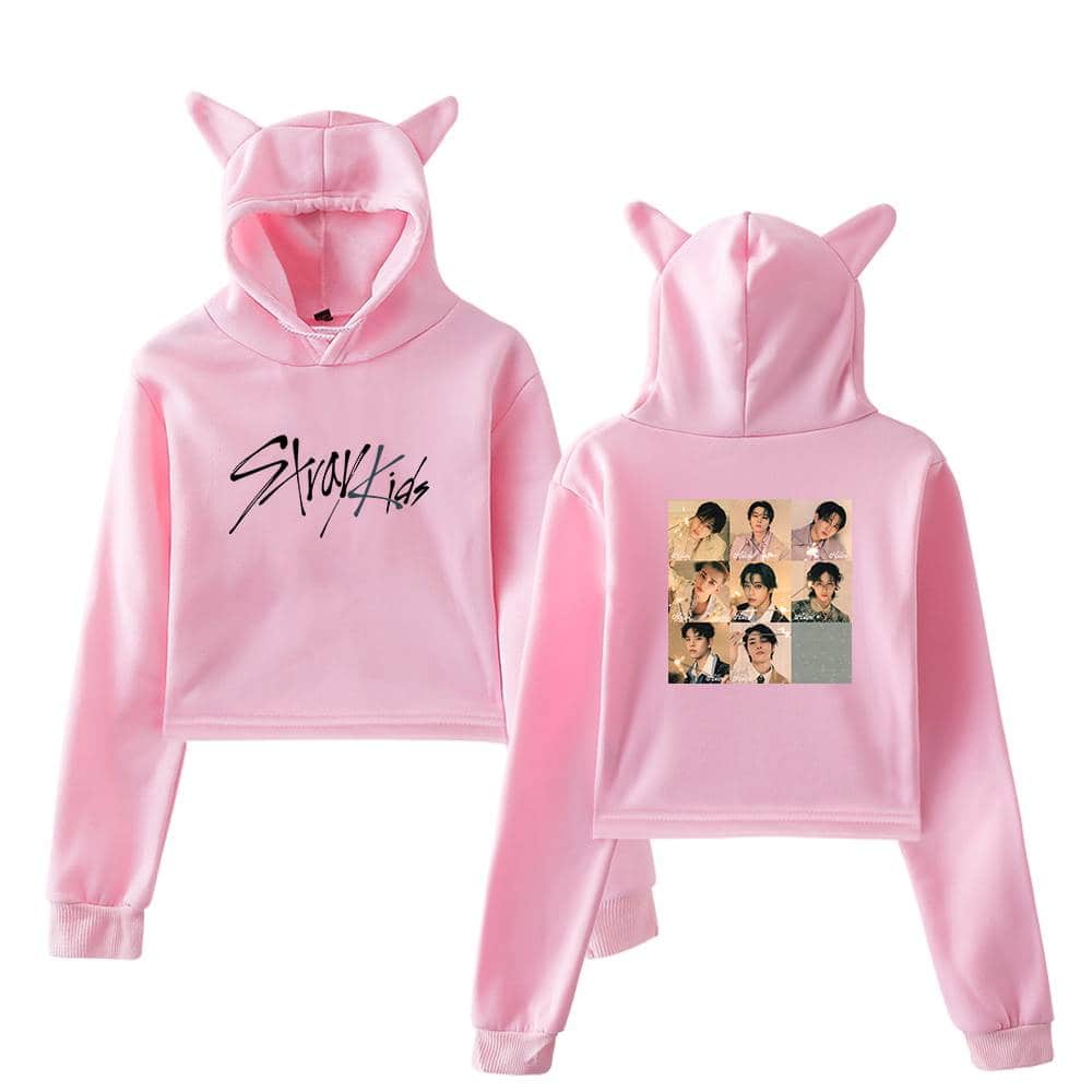 Comfy pink hoodie set featuring cat ears on the hood, "Stray Kids" logo on the front, and photo collage on the back, perfect for K-pop fans.