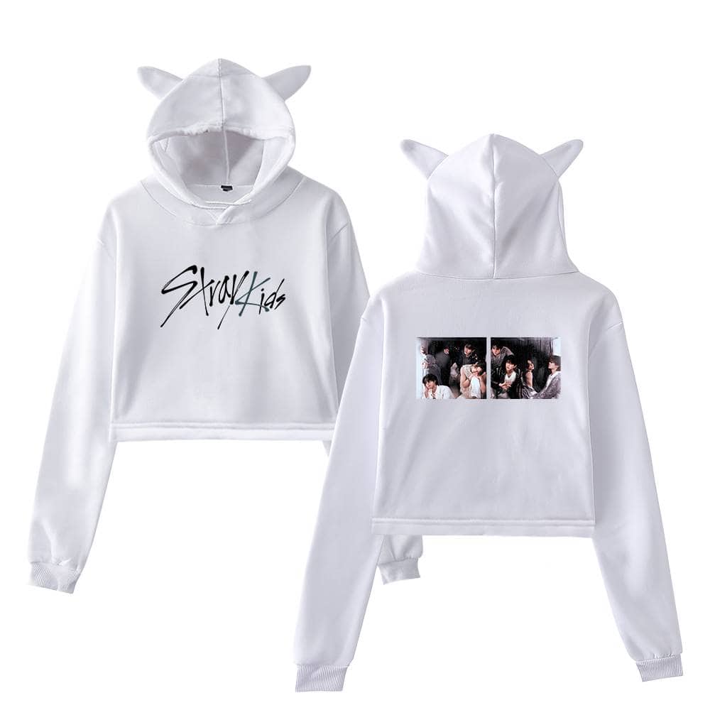 Stylish white K-pop hoodie set with cute animal ears, featuring a "Stray Kids" slogan on the front and a band photo on the back, perfect for fans of K-pop merchandise.