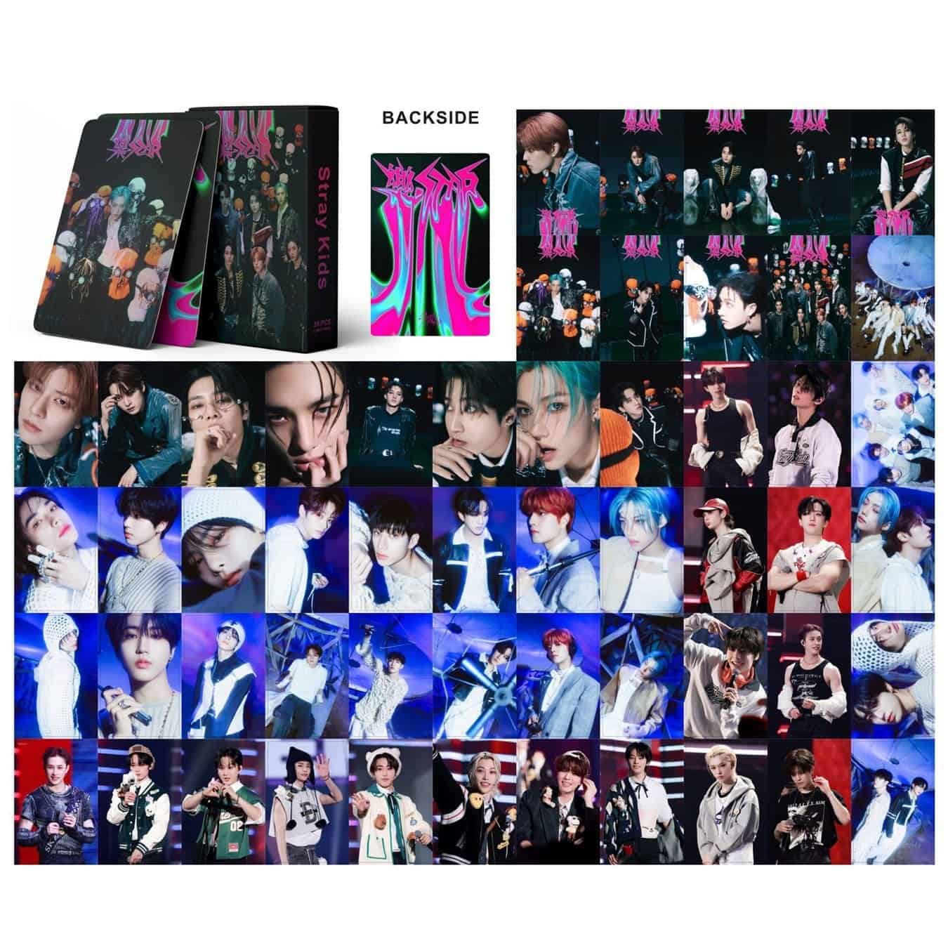 Kpop merch featuring a collection of K-pop group members and merchandise from the album "Stray Kids".