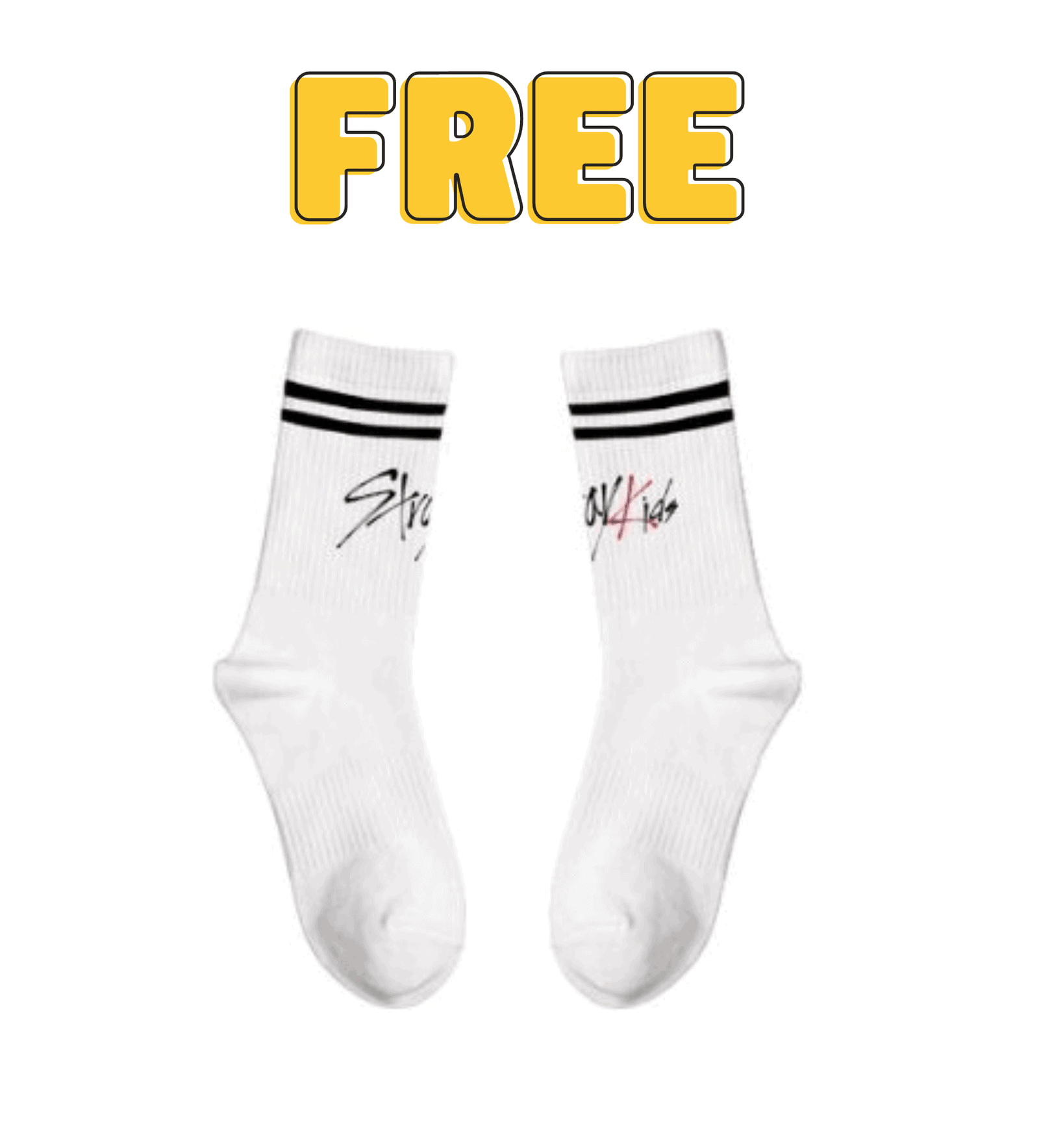 FREE kpop merch socks with bold signature design on white background, trendy accessories for K-pop fans and collectors, stylish ribbed knee-high socks.