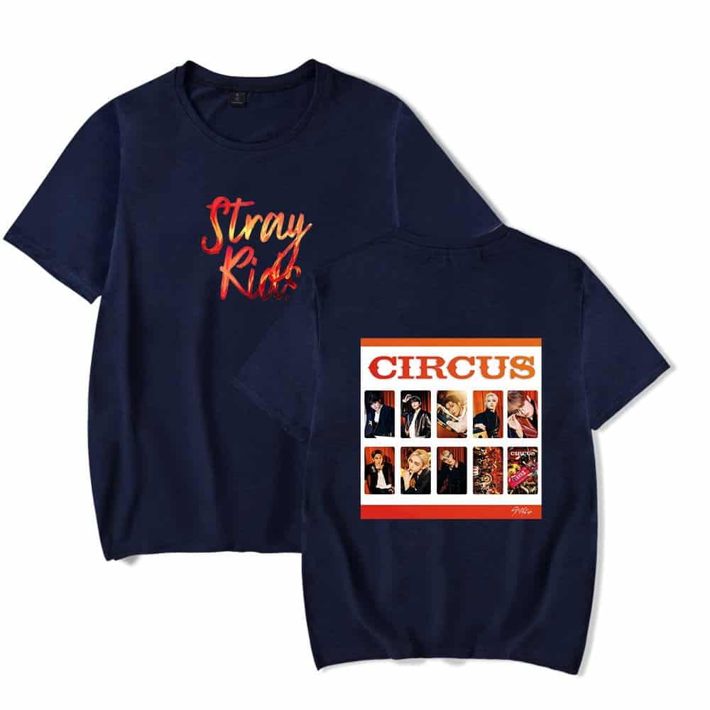 Black graphic T-shirt featuring "Stray Kids" and "CIRCUS" album artwork, perfect for K-pop fans, stylish and comfortable merch for concerts or everyday wear, unisex design.