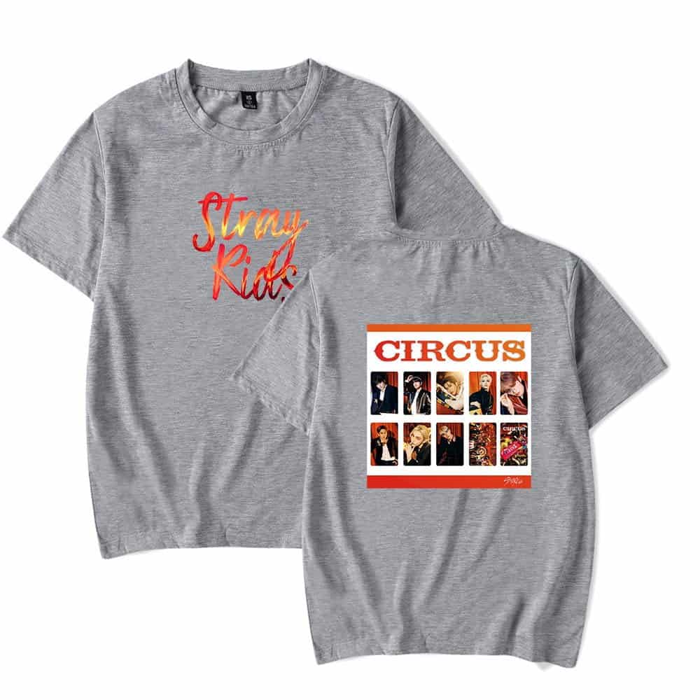 Cute gray t-shirts with K-pop band album designs and colorful text.