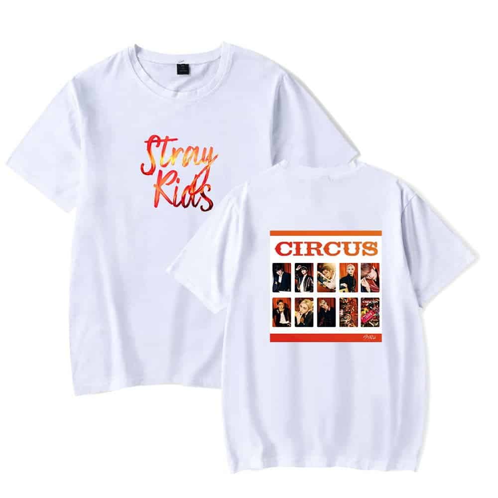 Bright white T-shirts with bold, colorful print designs featuring K-pop band members and logo graphics.