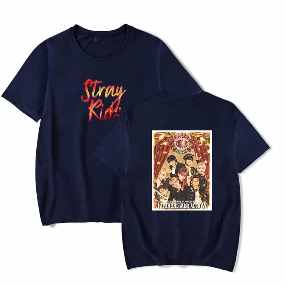 Stray Kids graphic t-shirt with colorful text and group photo, perfect Kpop merch for fans.