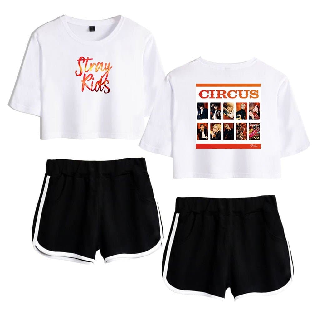 Kpop merch featuring stylish crop tops with popular K-pop band prints and casual black shorts with white trim.