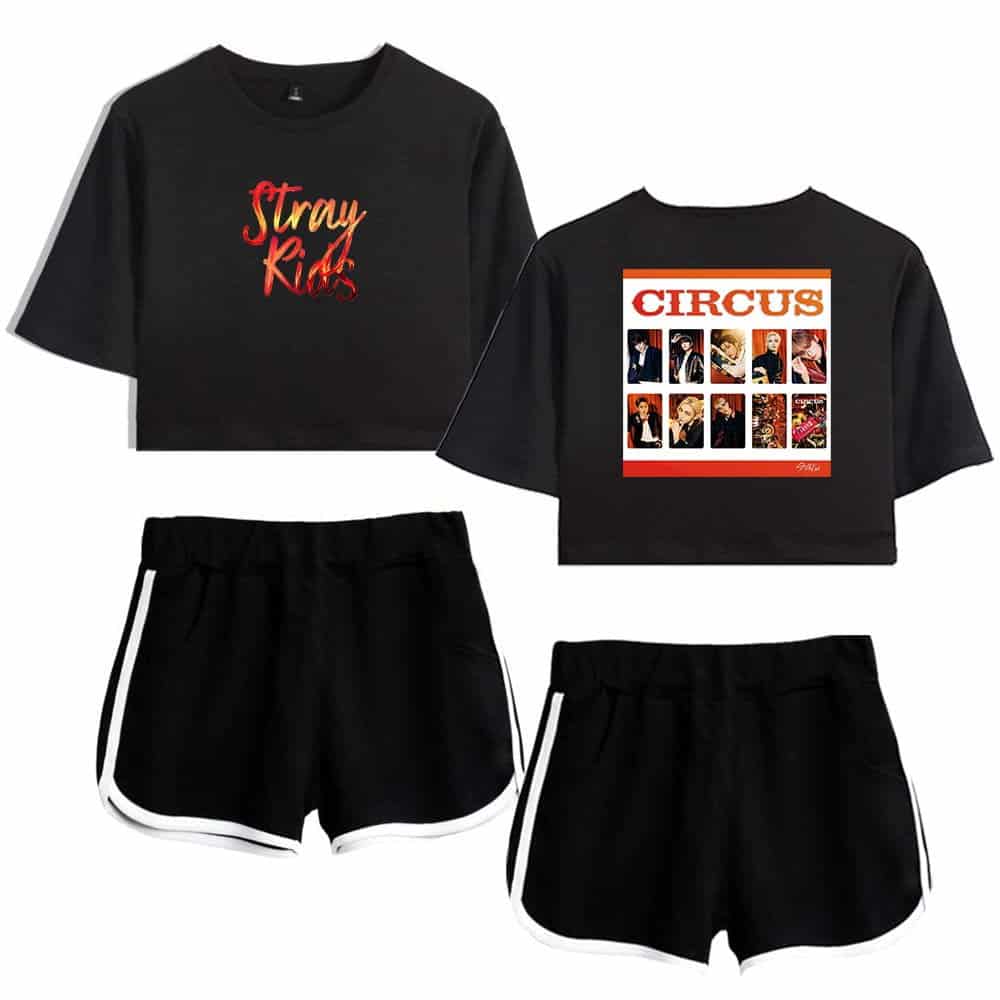 Black cropped T-shirts featuring Stray Kids and Circus themes for Kpop merch fans.