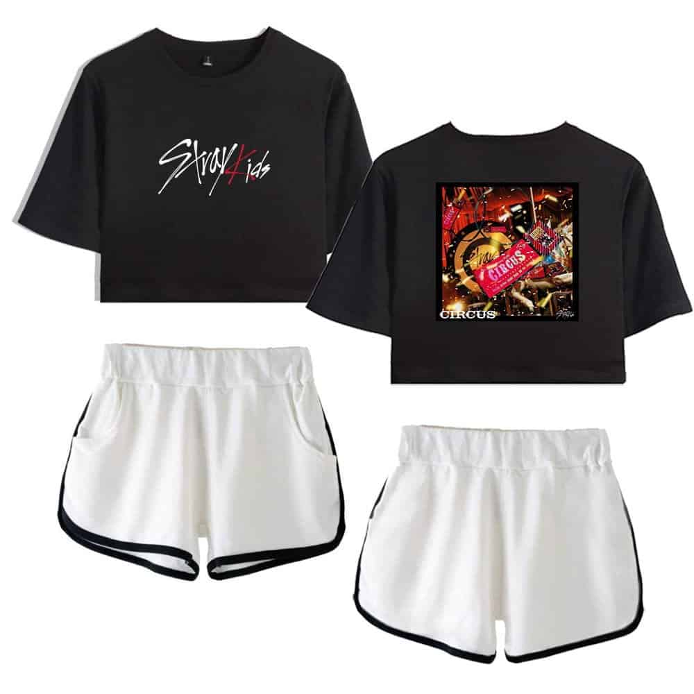 Cute black crop top with graffiti style graphic print, streetwear style casual t-shirt for K-pop fans.