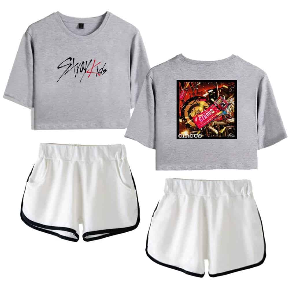Kpop merch, trendy K-pop fashion sweatshirt and shorts set featuring Circus-themed graphics, perfect for fans and casual wear.