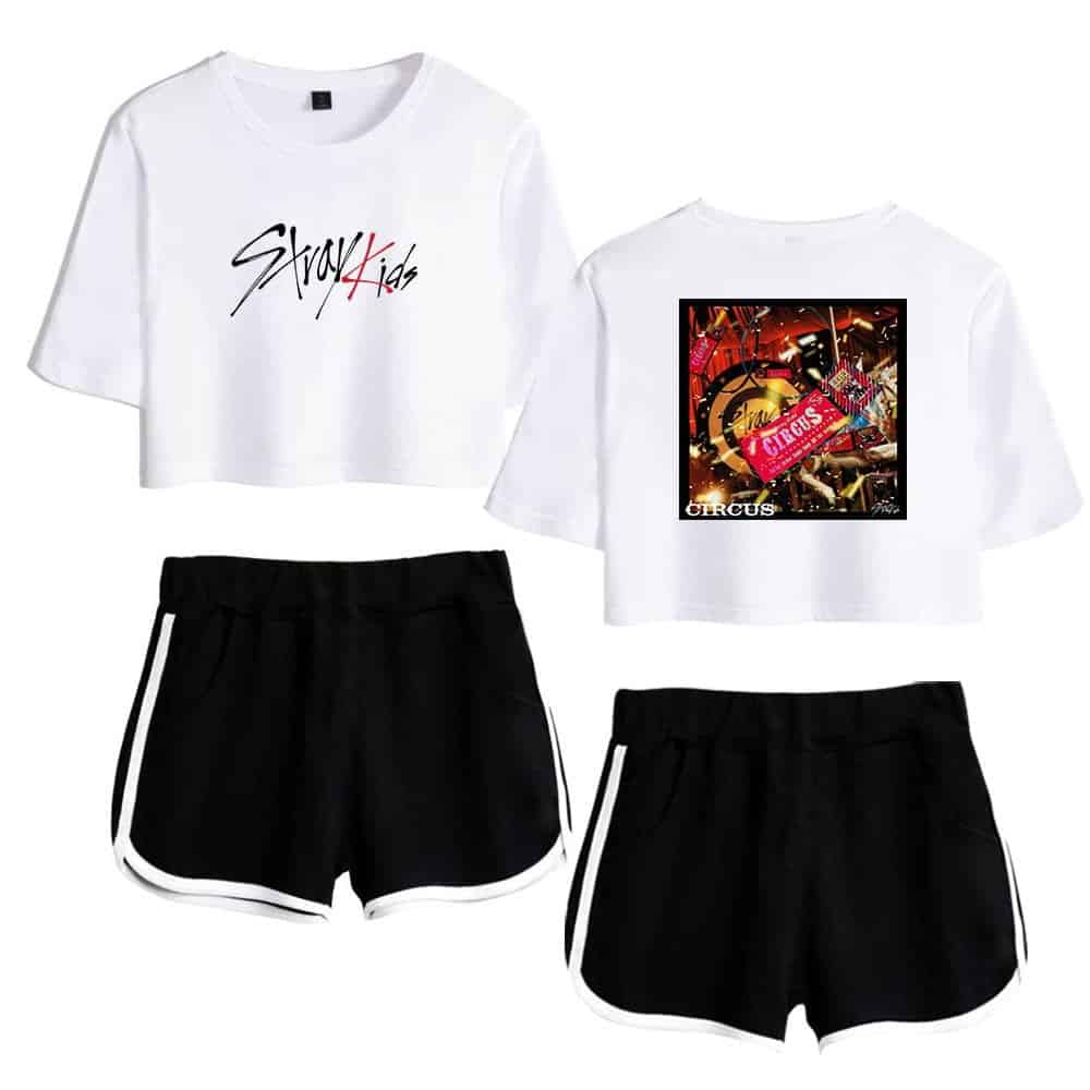 Cute K-pop merch crop top and shorts set with graphic print designs, perfect for fans of K-pop fashion and style.