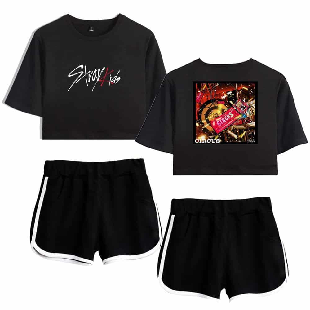 Casual black K-pop merch set with graphic crop top and shorts featuring white trim.
