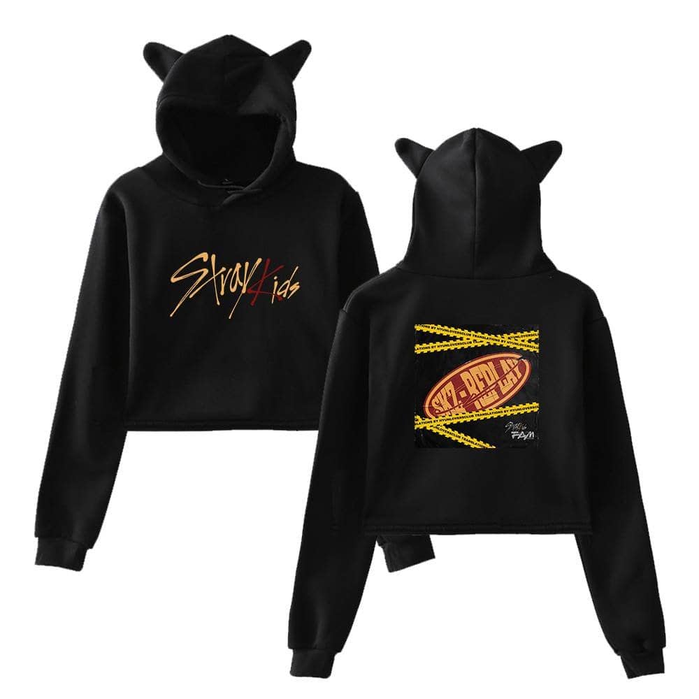 Black hoodies with "Stray Kids" logo and cartoon cat ears on the hood, perfect for K-pop fans and cute streetwear.
