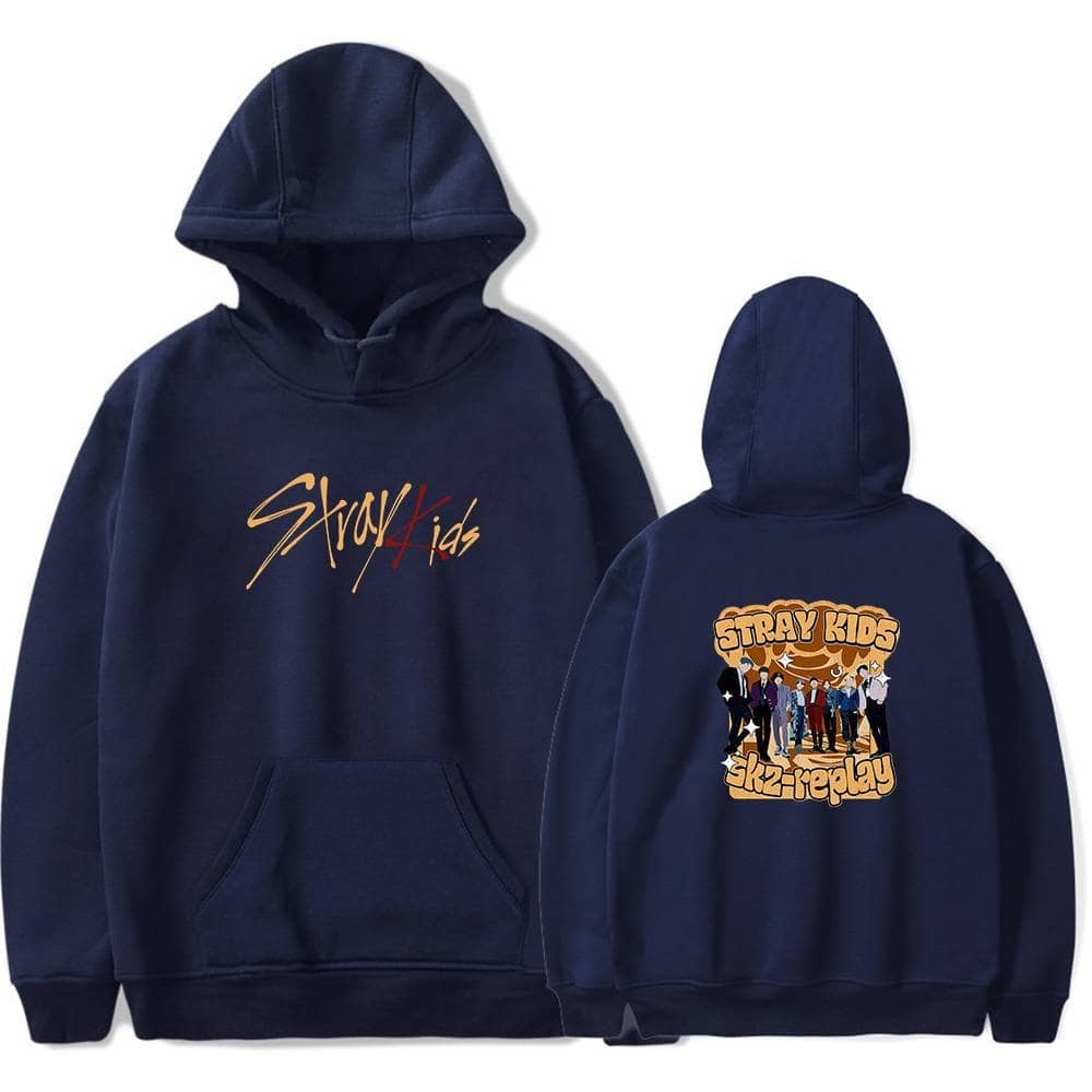 Stylish navy hoodie featuring Stray Kids graphics for K-pop fans.