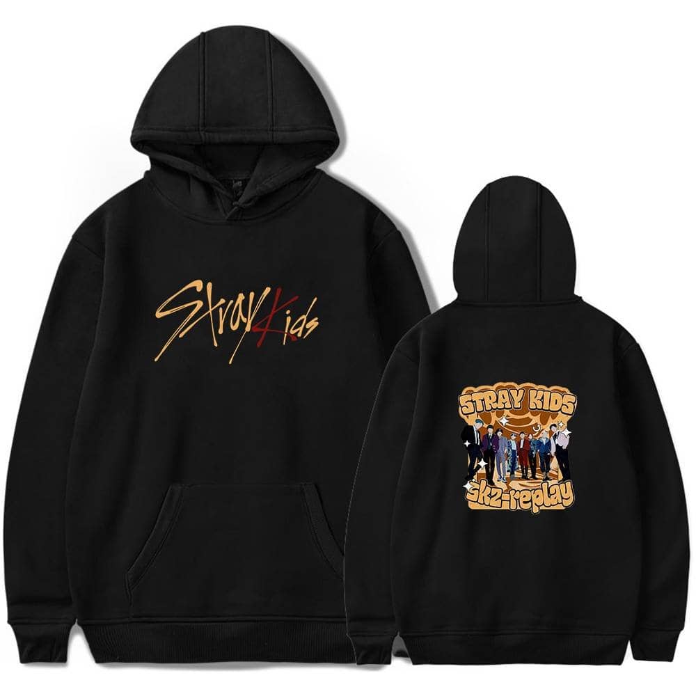 Stray kids hoodie with band logo and group image on the back.