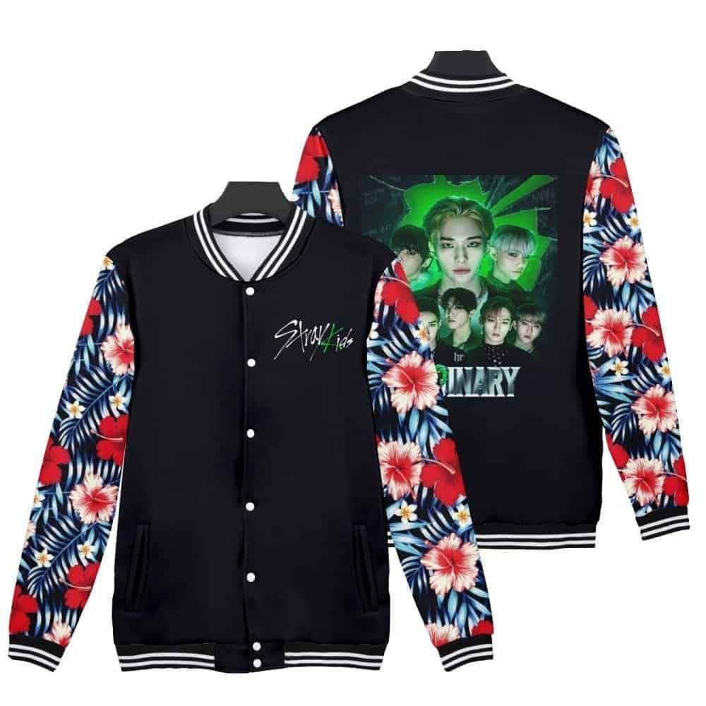 Anime-inspired black varsity jacket with colorful floral sleeves and group photo back design.