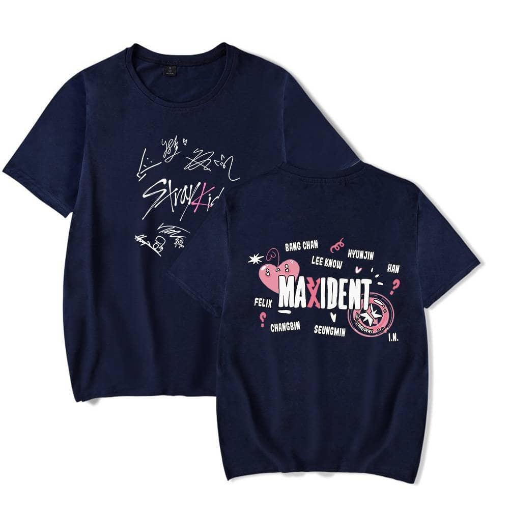 Maxidnt kpop merch t-shirt with BTS and EXO signatures and colorful graphic print.