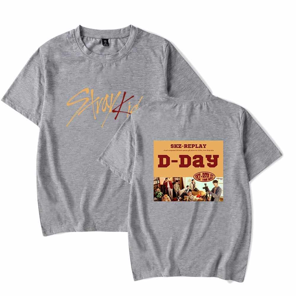 A gray t-shirt featuring artwork from SKZ REPLAY D-DAY music album, perfect for K-pop fans and merchandise collectors.