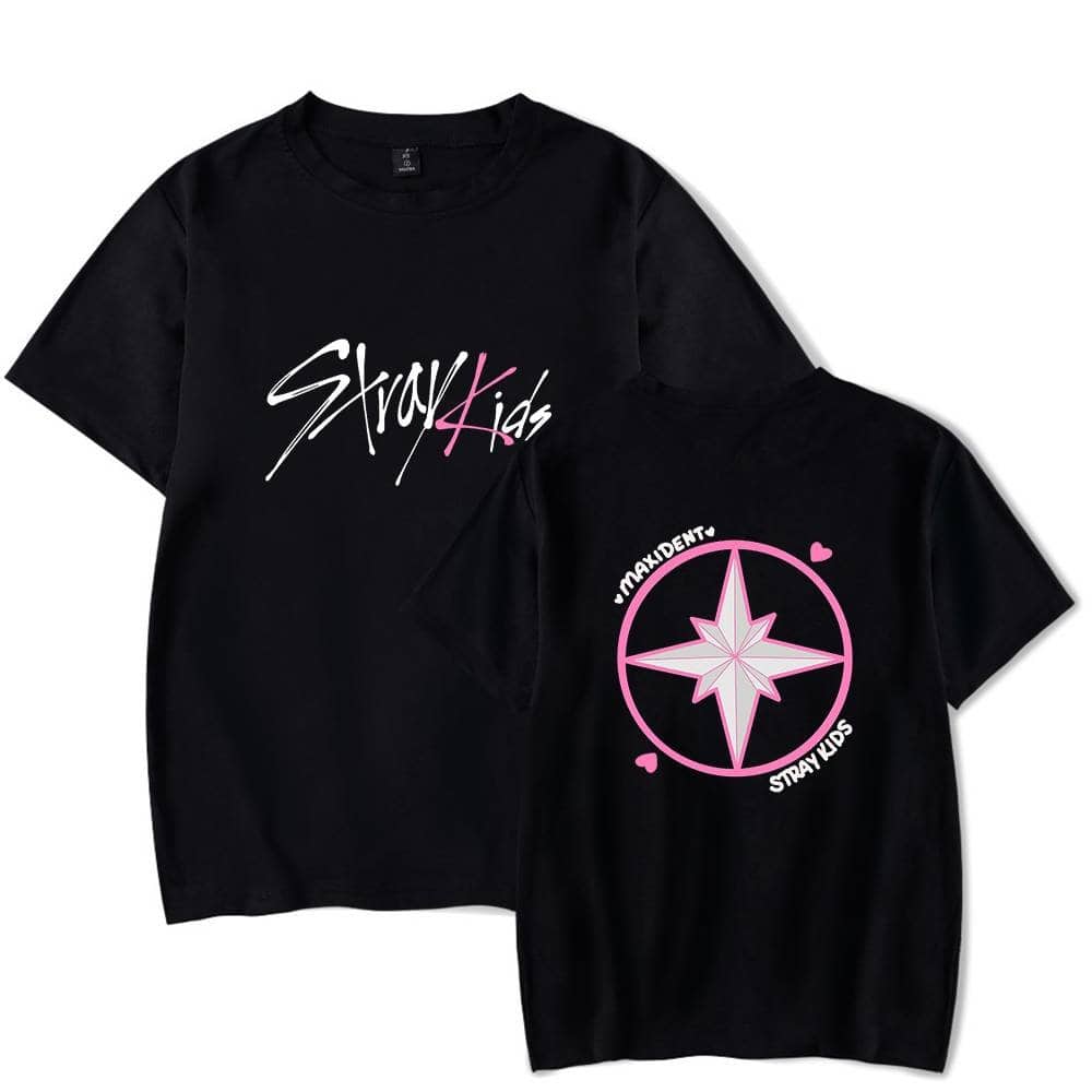 Skzry Kids black graphic t-shirts with pink and white designs for Kpop fans.