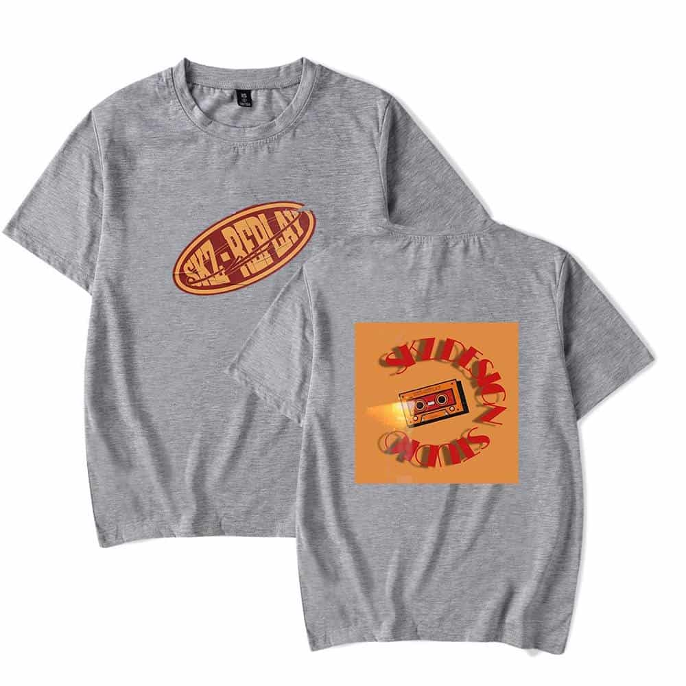 Graphic gray t-shirts featuring vintage-style K-pop merchandise with retro logo and cassette tape designs.