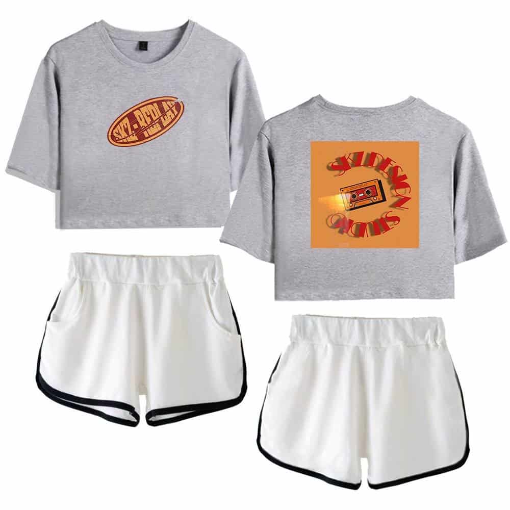 - Grey cropped sweatshirts with vintage-style graphic prints and shorts with black trim.