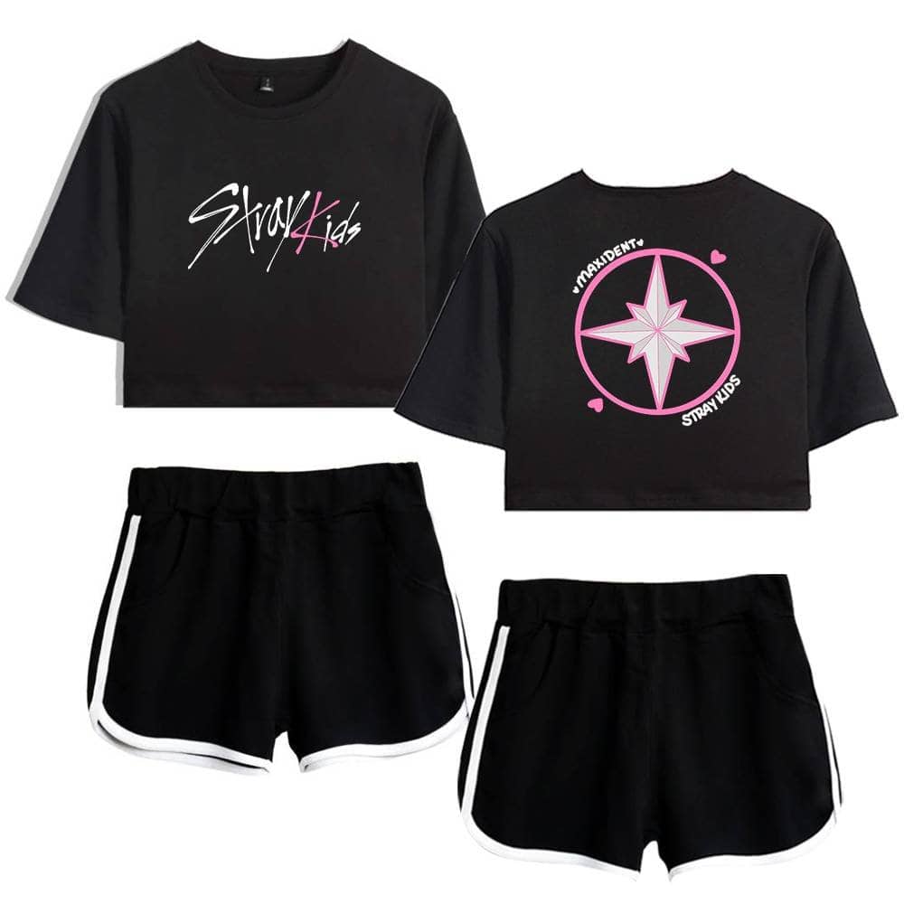 Cute Kpop girl group outfit set with matching crop tops and shorts featuring black, pink, and white designs.