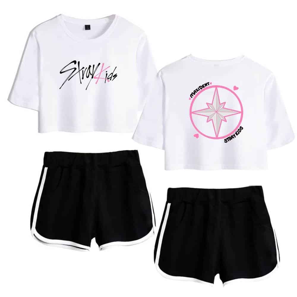 Stray Kids graphic t-shirts with black shorts, trendy K-pop merchandise for fans.