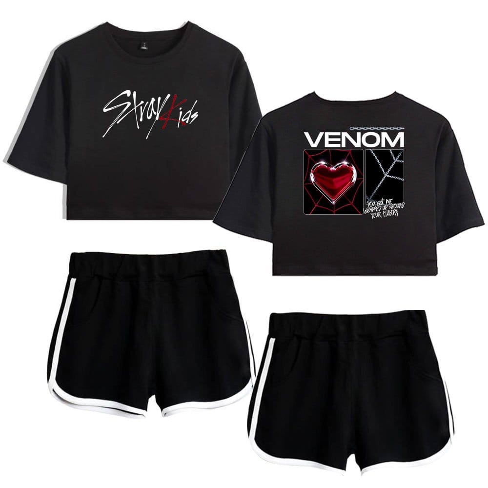 Black edgy crop top and shorts set with graphic print, perfect for K-pop merch fans featuring a Venom-inspired design and Stay Kids logo.