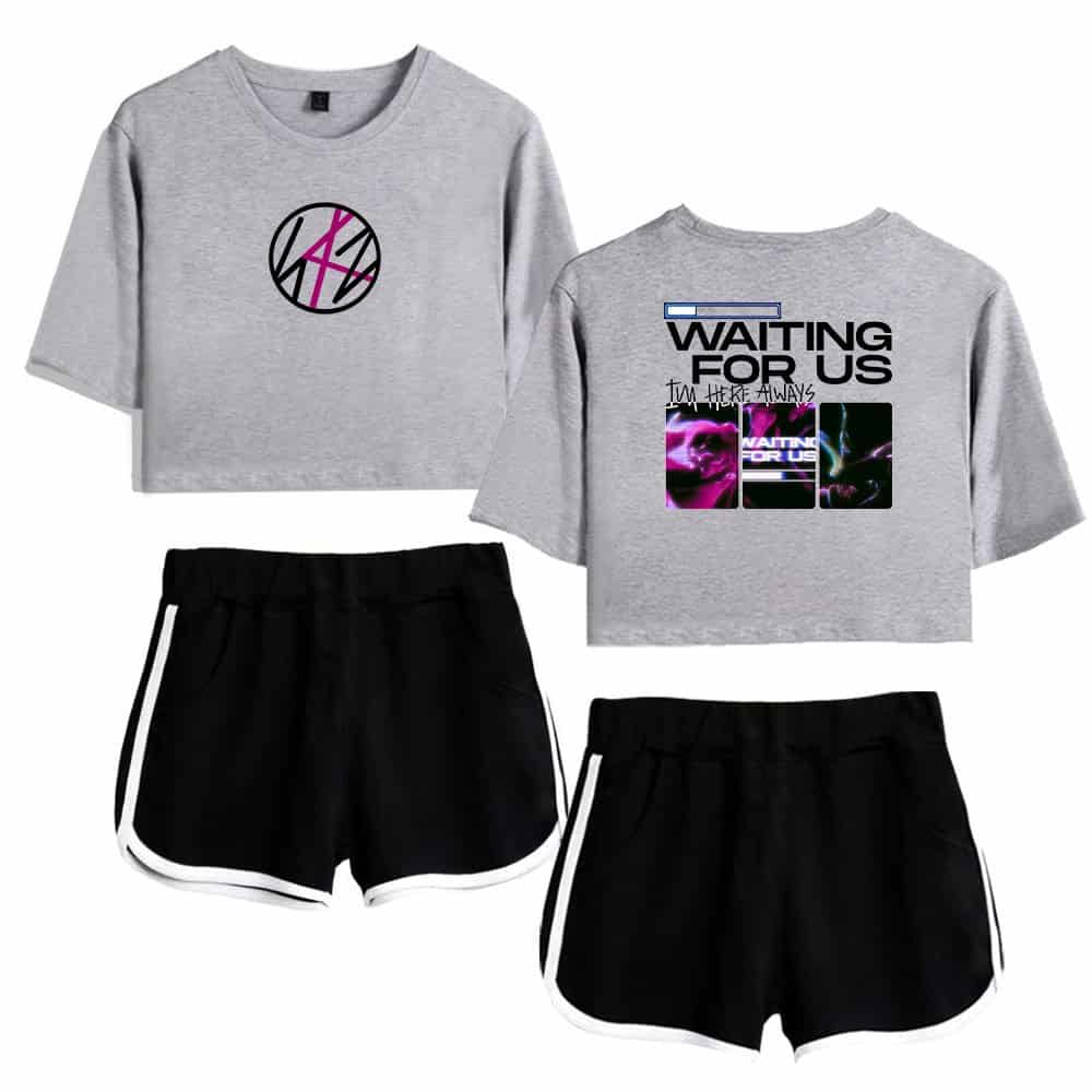 Kpop merch tshirt and shorts set featuring a graphic of a K-pop band and neon-style designs. Perfect for fans to showcase their love for their favorite idols.