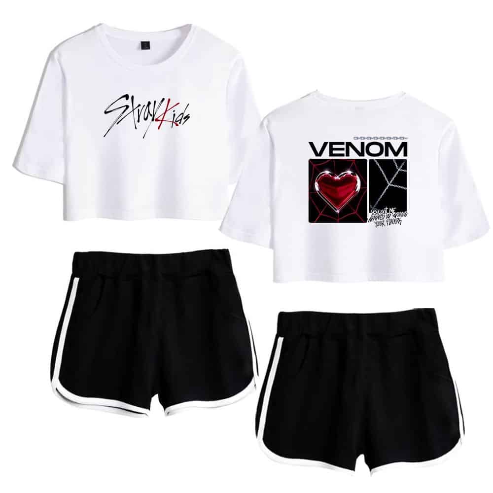 Cute K-pop merchandise set featuring trendy crop tops with bold prints and matching black shorts with white trim, perfect for fans and casual wear.