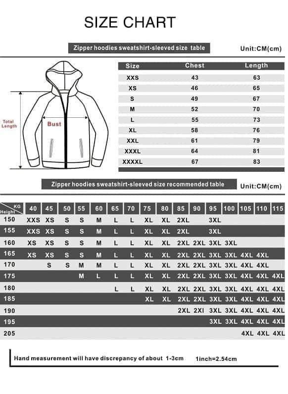 Zipper hoodie sweatshirt size chart with measurements for different sizes and dimensions.